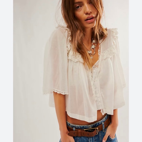 Free People White Luna V-neck Short Sleeve Top in Optic White Size XL. NWT - Picture 1 of 10